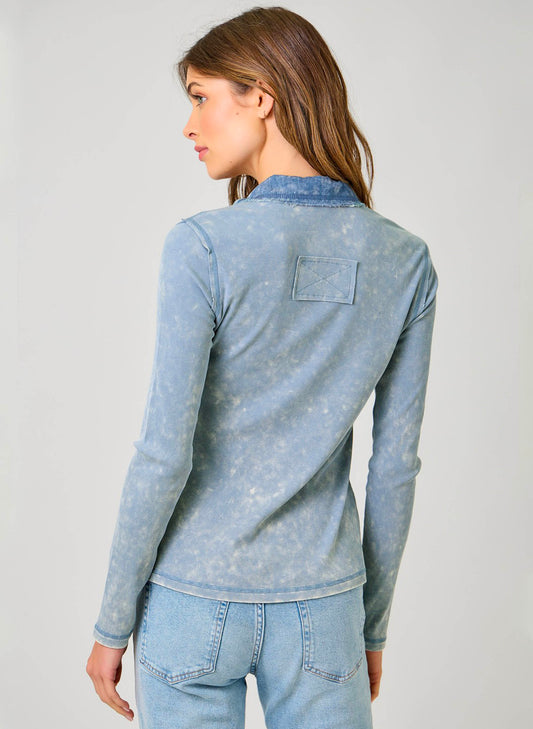 Mystree Washed Thermal Button Down Top - Denim Blue available at The Good Life Boutique