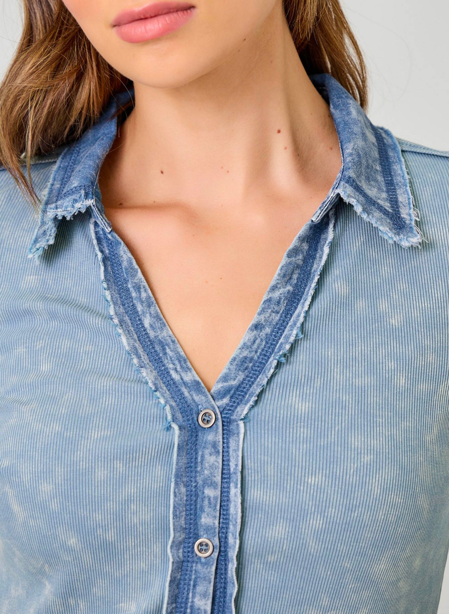 Mystree Washed Thermal Button Down Top - Denim Blue available at The Good Life Boutique