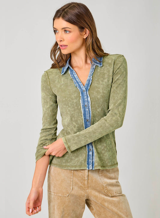 Mystree Washed Thermal Button Down Top - Olive available at The Good Life Boutique