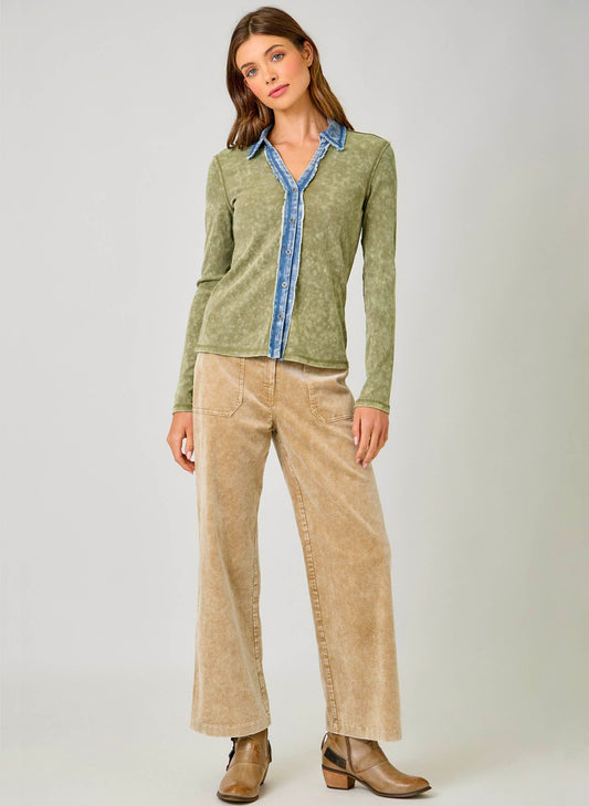 Mystree Washed Thermal Button Down Top - Olive available at The Good Life Boutique