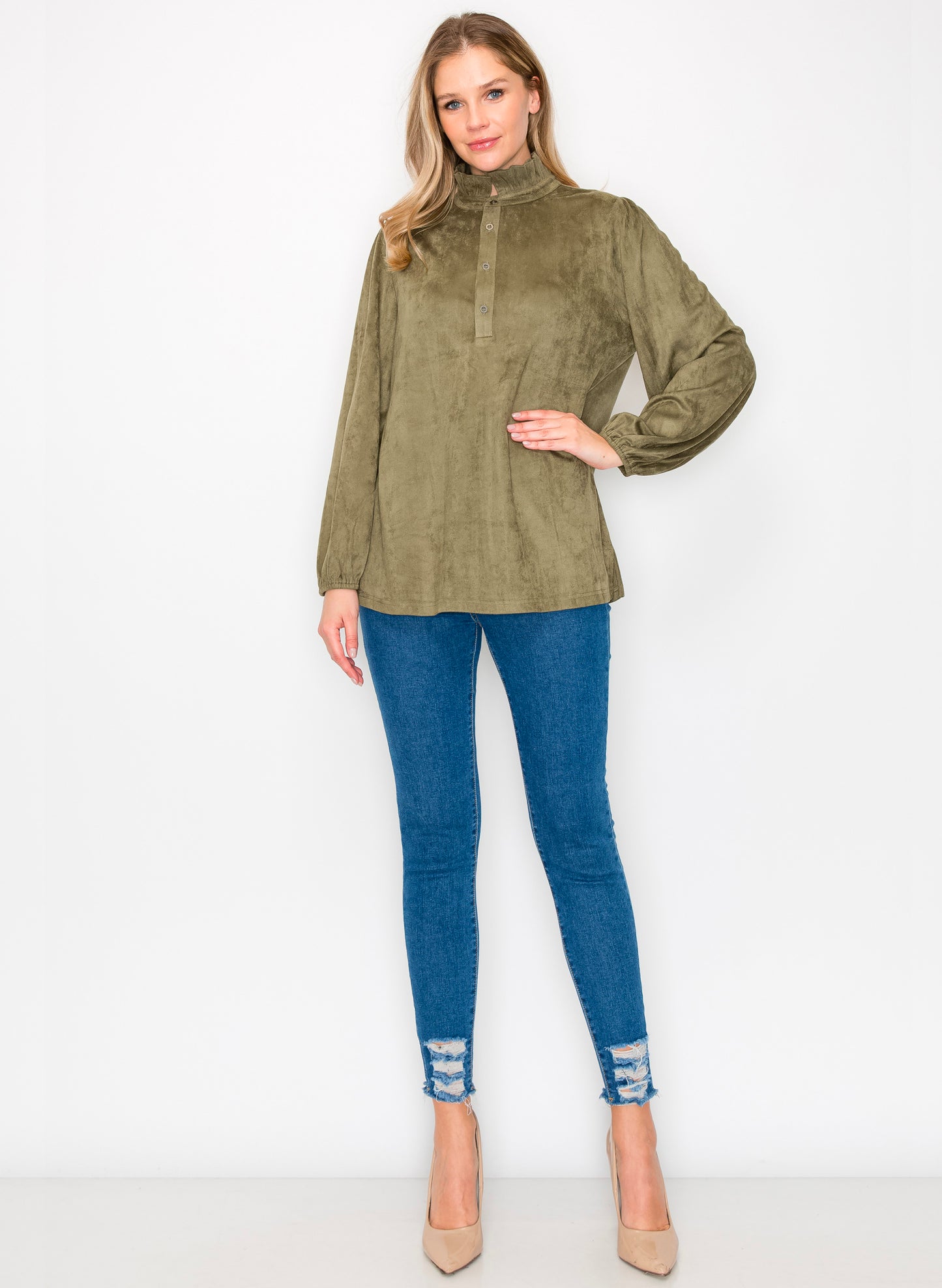Willabella Suede Top With Ruffled Collar - Olive