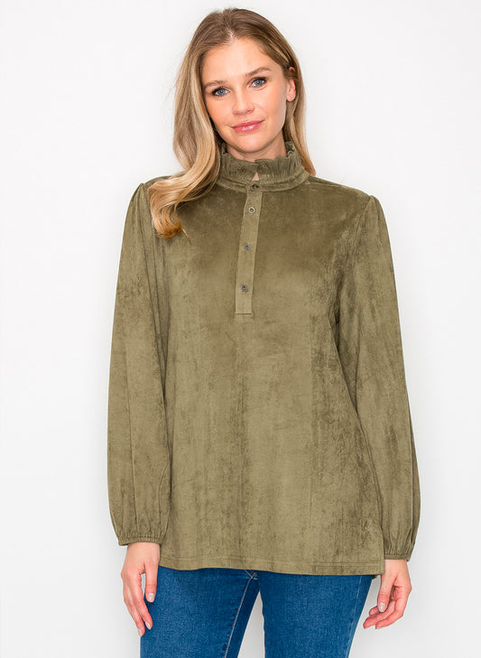 Willabella Suede Top With Ruffled Collar - Olive