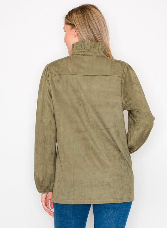 Willabella Suede Top With Ruffled Collar - Olive