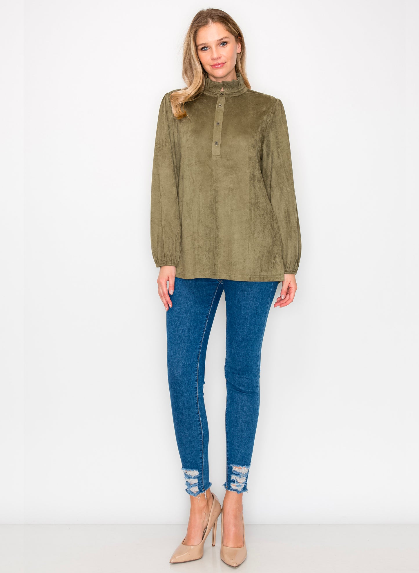 Willabella Suede Top With Ruffled Collar - Olive