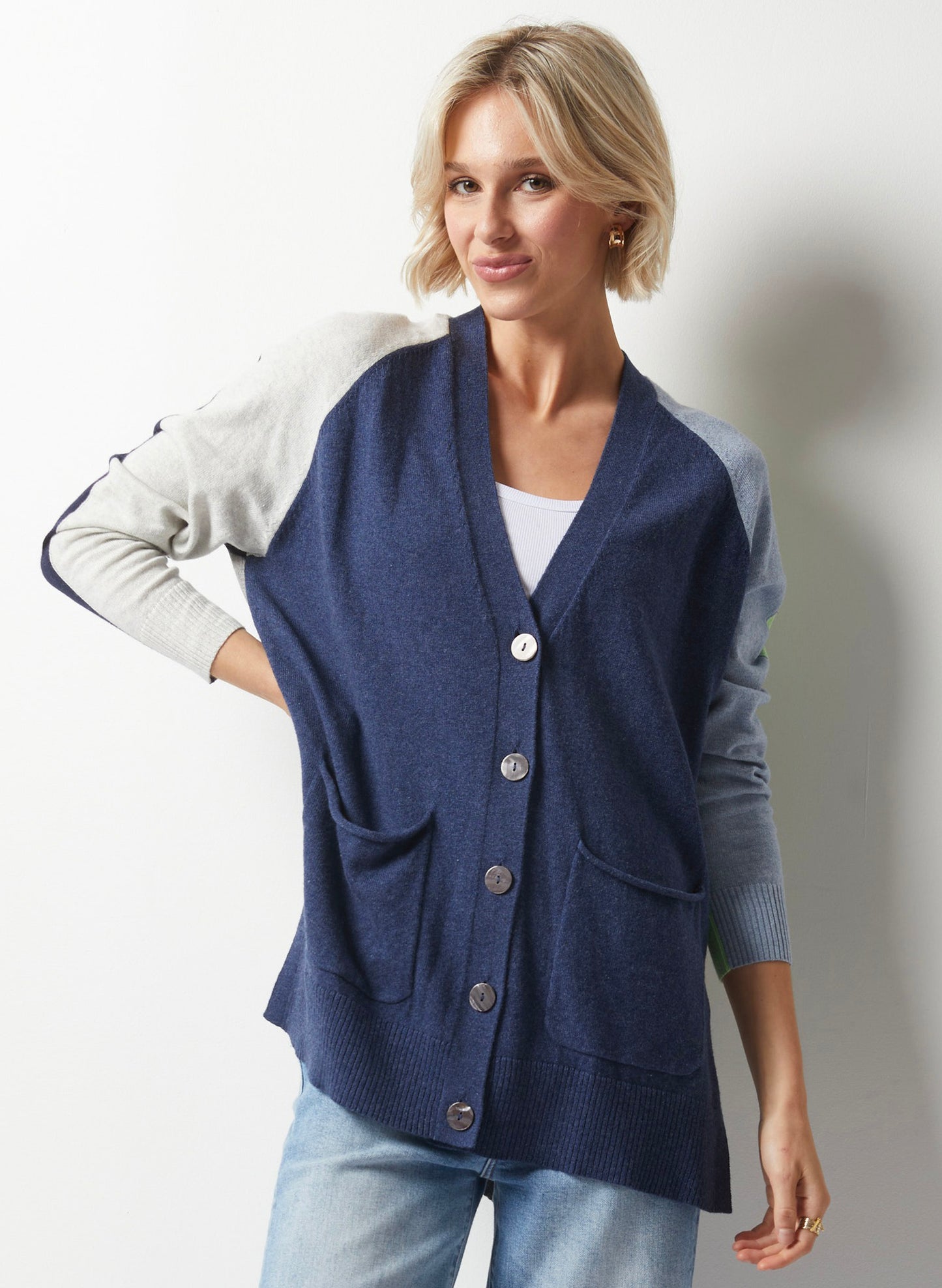 Zaket & Plover Zaket & Plover - College Cardigan - Denim Combo available at The Good Life Boutique