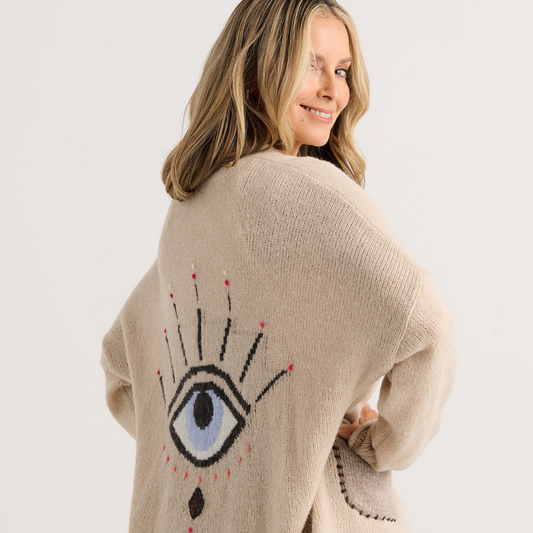 Zaket & Plover Zaket & Plover - Eye Spy Cardi - Taupe available at The Good Life Boutique