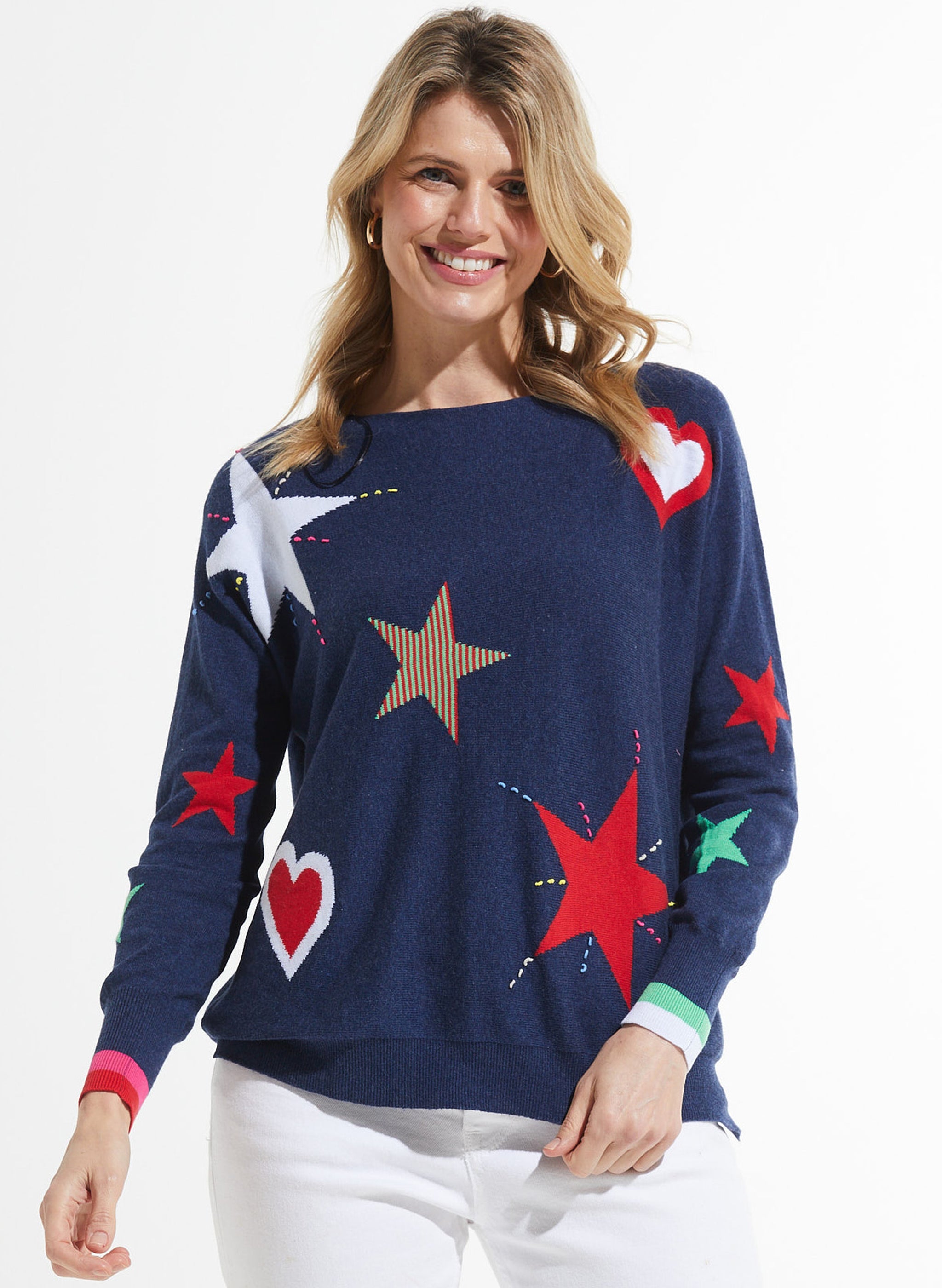 starheart Zaket & Plover - Hearts & Stars Sweater - Denim | The Good Life