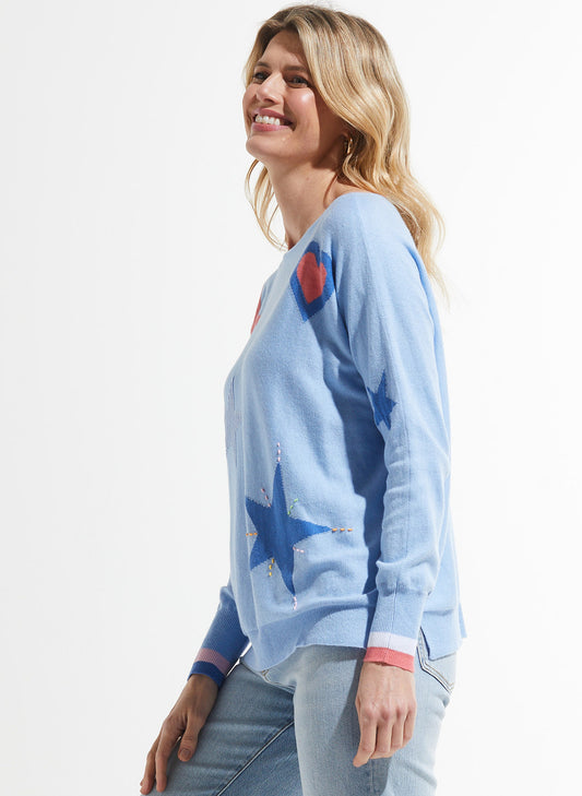 Zaket & Plover Zaket & Plover - Hearts & Stars Sweater - Sky available at The Good Life Boutique