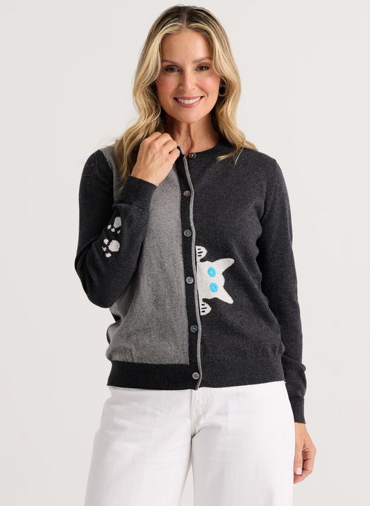 Zaket & Plover Zaket & Plover - Peekaboo Cat Cardi - Charcoal available at The Good Life Boutique
