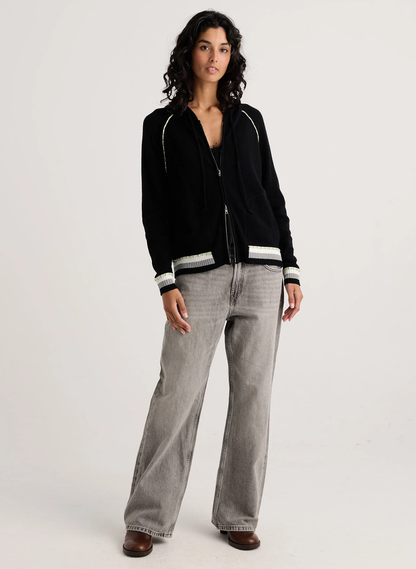 Zaket & Plover Zaket & Plover - Stripe Trim Zip-Up Hoodie - Black available at The Good Life Boutique