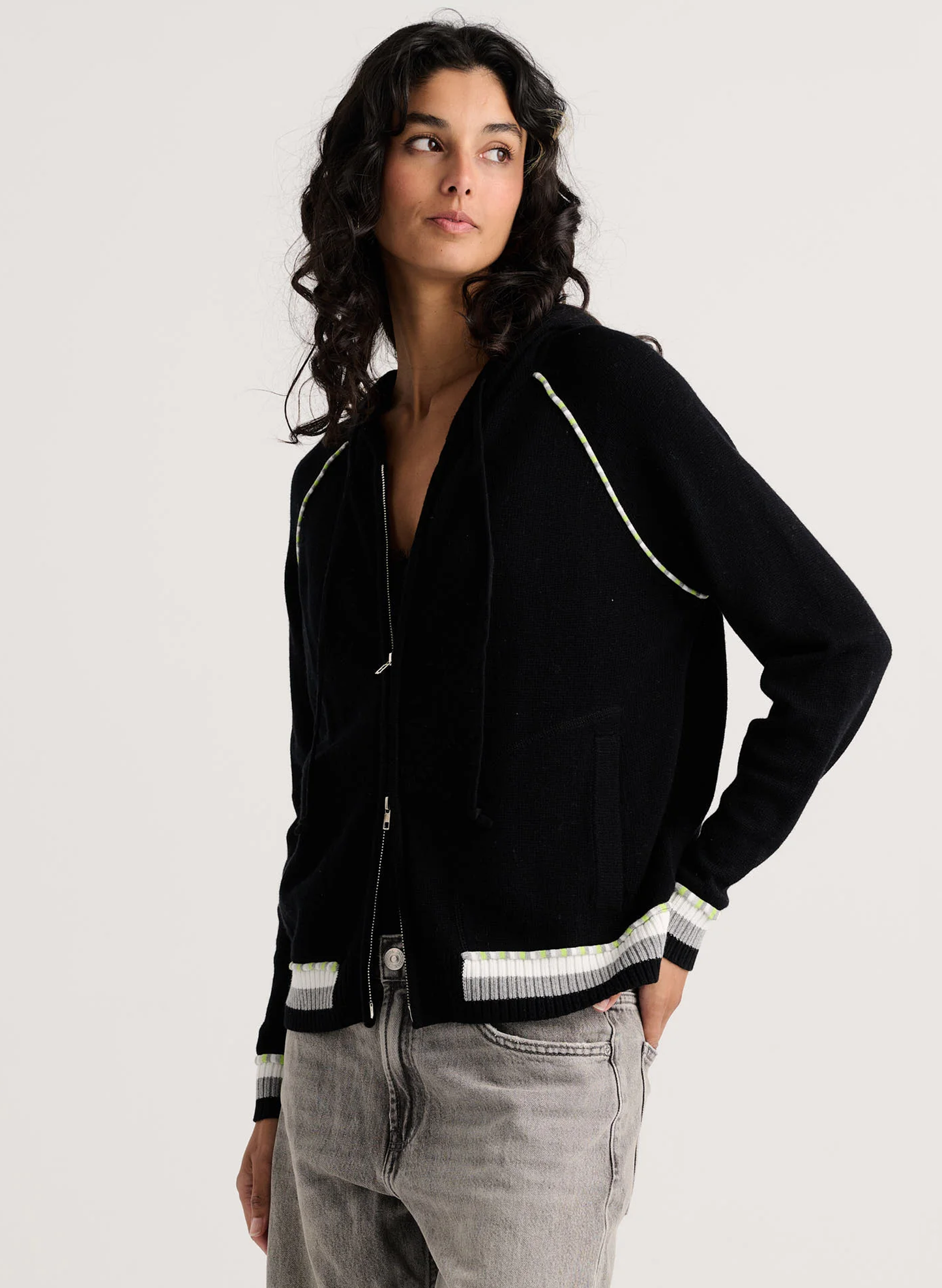 Zaket & Plover Zaket & Plover - Stripe Trim Zip-Up Hoodie - Black available at The Good Life Boutique