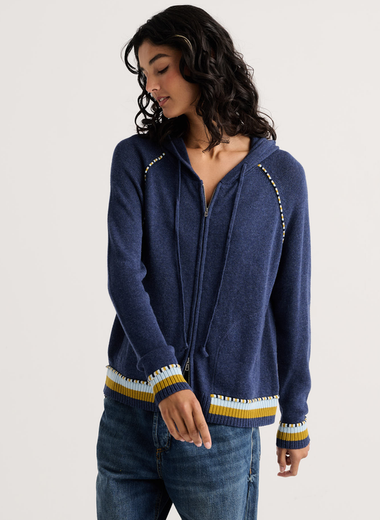 Zaket & Plover - Stripe Trim Zip-Up Hoodie - Denim