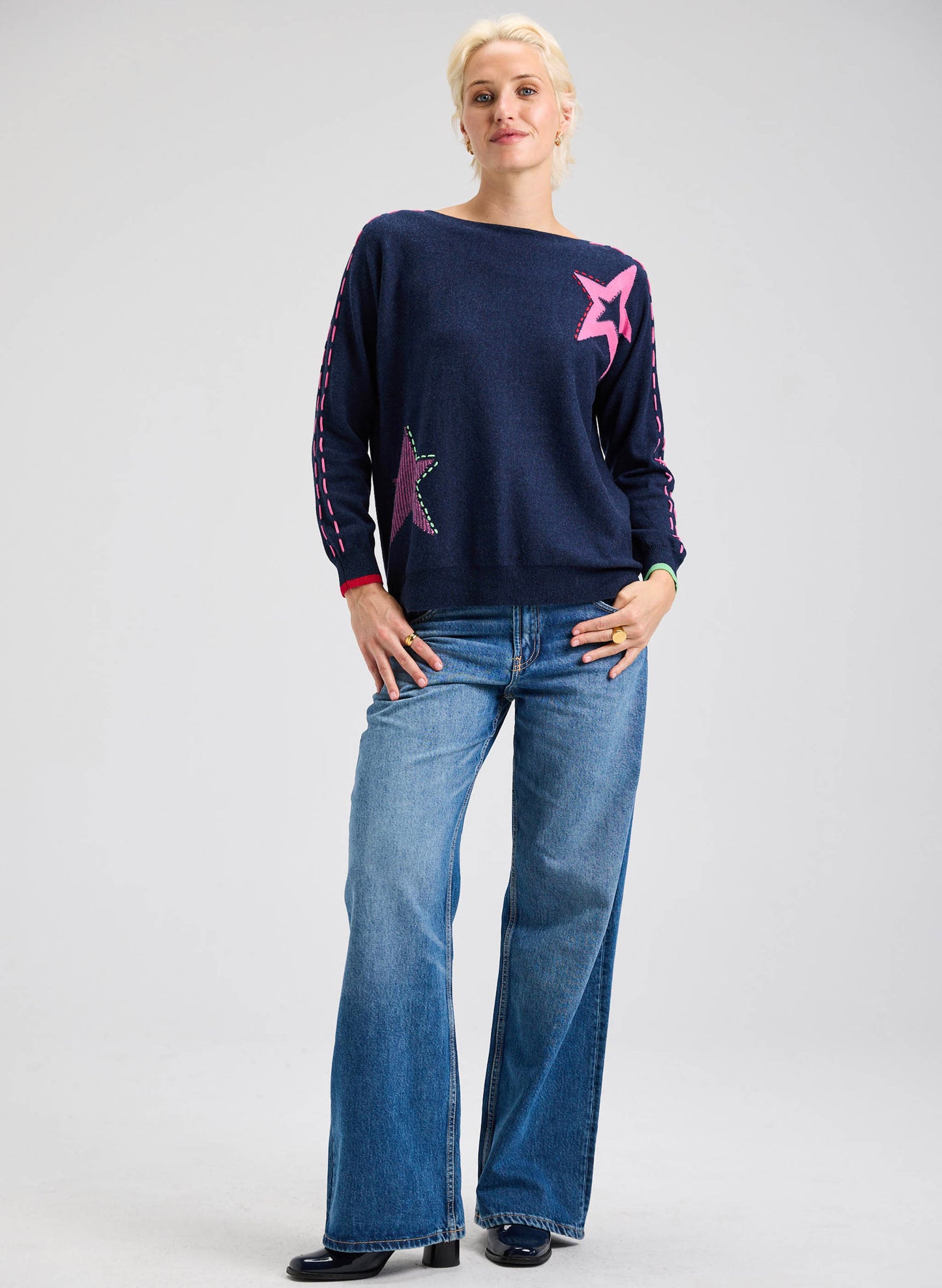 Zaket & Plover Zaket & Plover - Threaded Star Sweater - DK Denim available at The Good Life Boutique