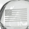 Close-up of clear glass whiskey decanter showing etched Betsy Ross flag with 13 stars and 250 commemorative marking