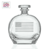 Clear glass whiskey decanter with etched Betsy Ross flag design and America 250 logo