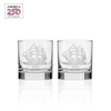 Two clear glass whiskey tumblers with etched tall ship design and America 250 logo
