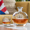 America250 tall ship whiskey decanter and rocks glass with etched sailing ship design