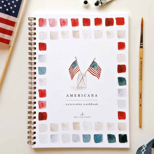 Americana Watercolor Workbook by Emily Lex Studio with paint swatches and American flag design