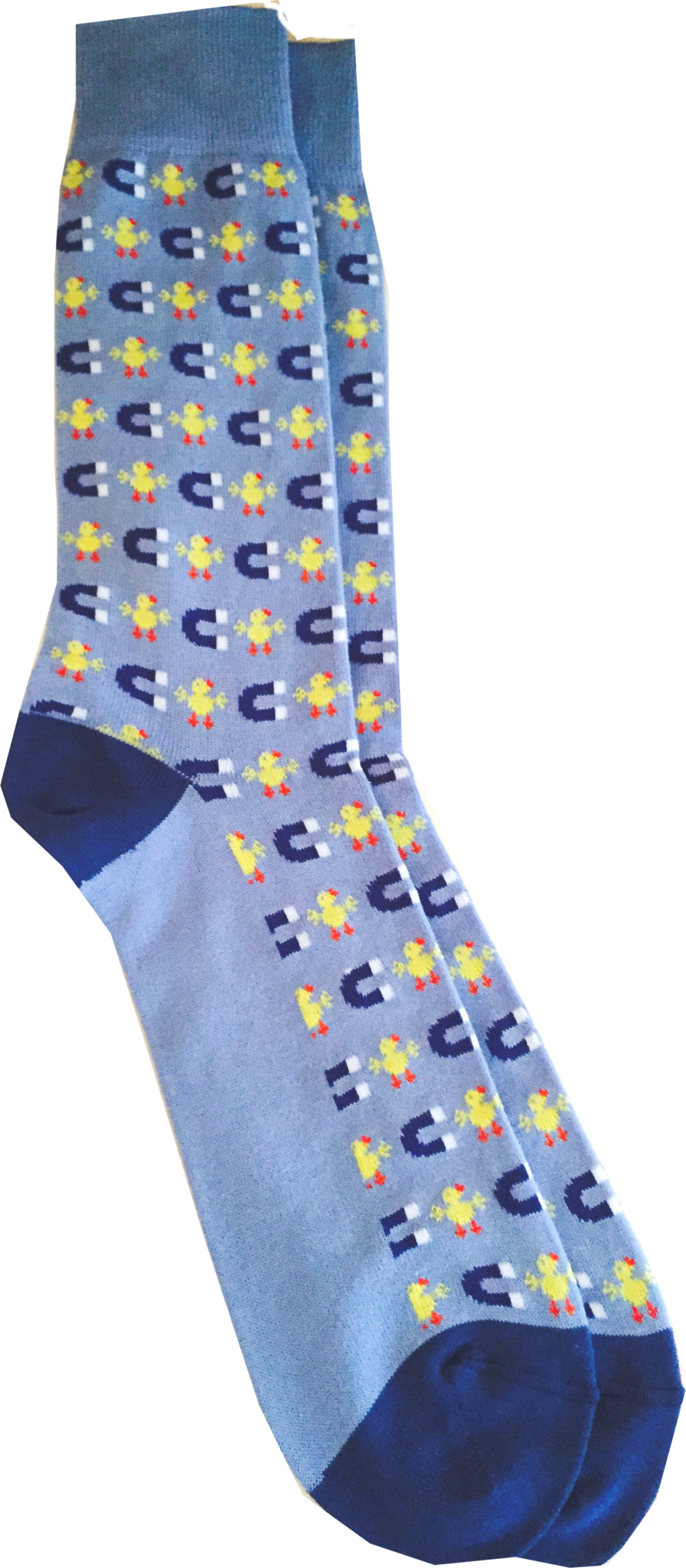 Light blue dress socks with repeating pattern of yellow chicks and dark blue horseshoe magnets