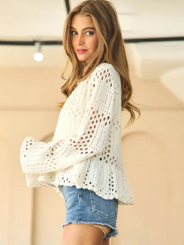 Davi&Dani Button Closure Peplum Hem Wide Long Sleeve Sweater Top - White available at The Good Life Boutique