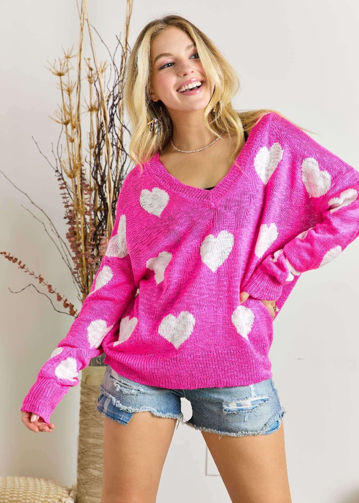 Adora - Lovely Heart Sweater Top - Hot Pink