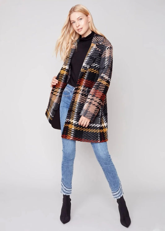 Charlie B Charlie B - Straight Cut Plaid Bouclé Knit Coat With Lining - Gold + Browns available at The Good Life Boutique