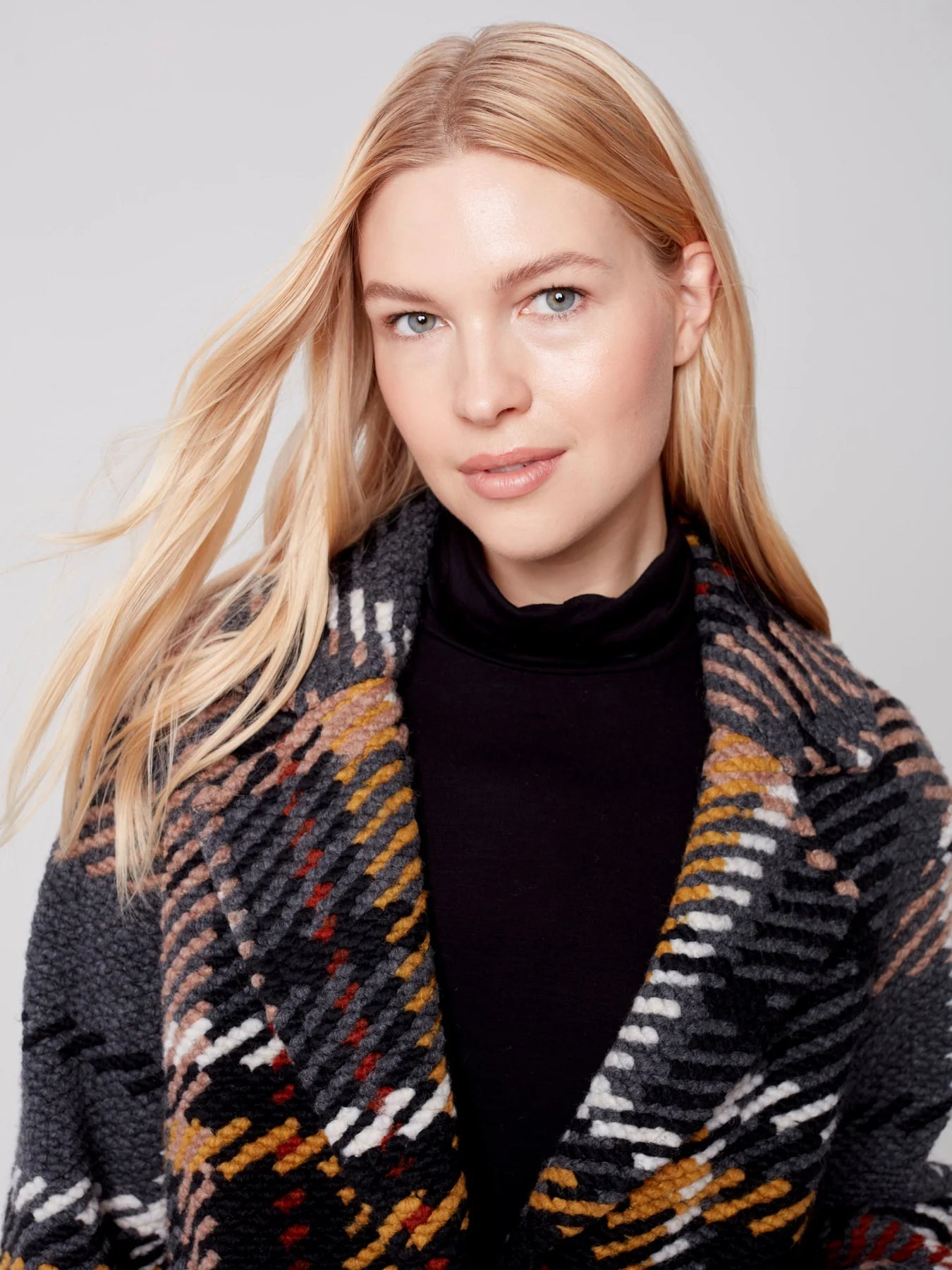 Charlie B Charlie B - Straight Cut Plaid Bouclé Knit Coat With Lining - Gold + Browns available at The Good Life Boutique