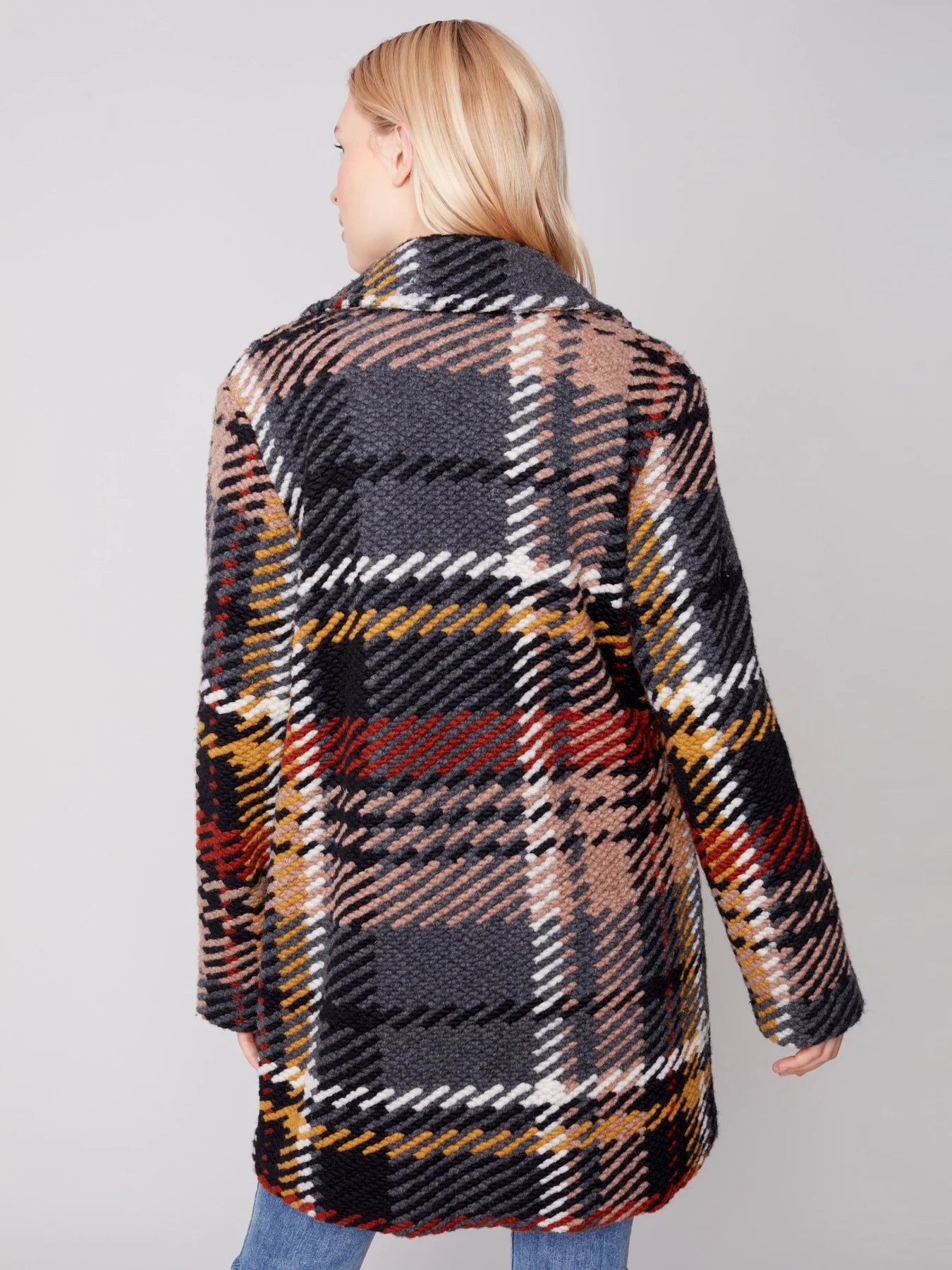 Charlie B Charlie B - Straight Cut Plaid Bouclé Knit Coat With Lining - Gold + Browns available at The Good Life Boutique