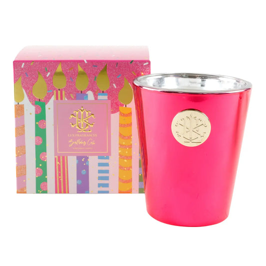 Lux Fragrances Birthday Cake - 8oz Designer Box Candle available at The Good Life Boutique