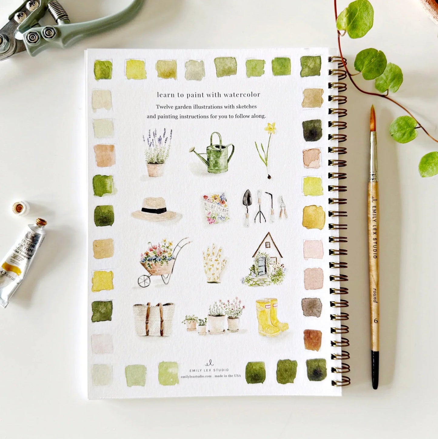 Garden Watercolor Workbook with painting tutorials and color swatches by Emily Lex Studio