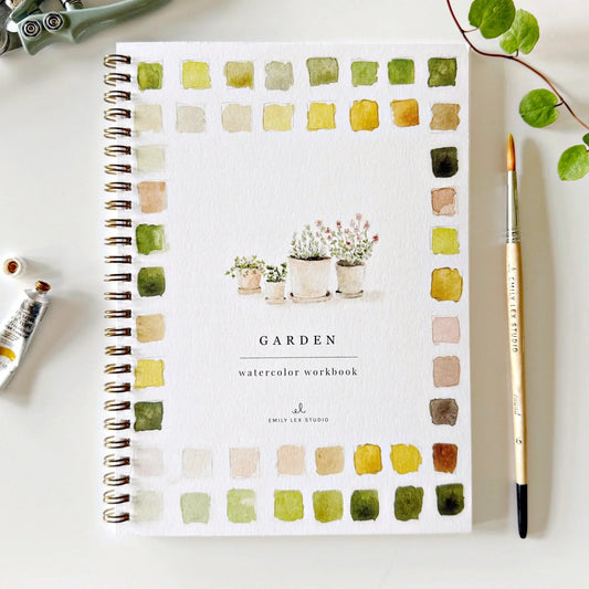 Garden Watercolor Workbook by Emily Lex Studio with color swatches and paintbrush