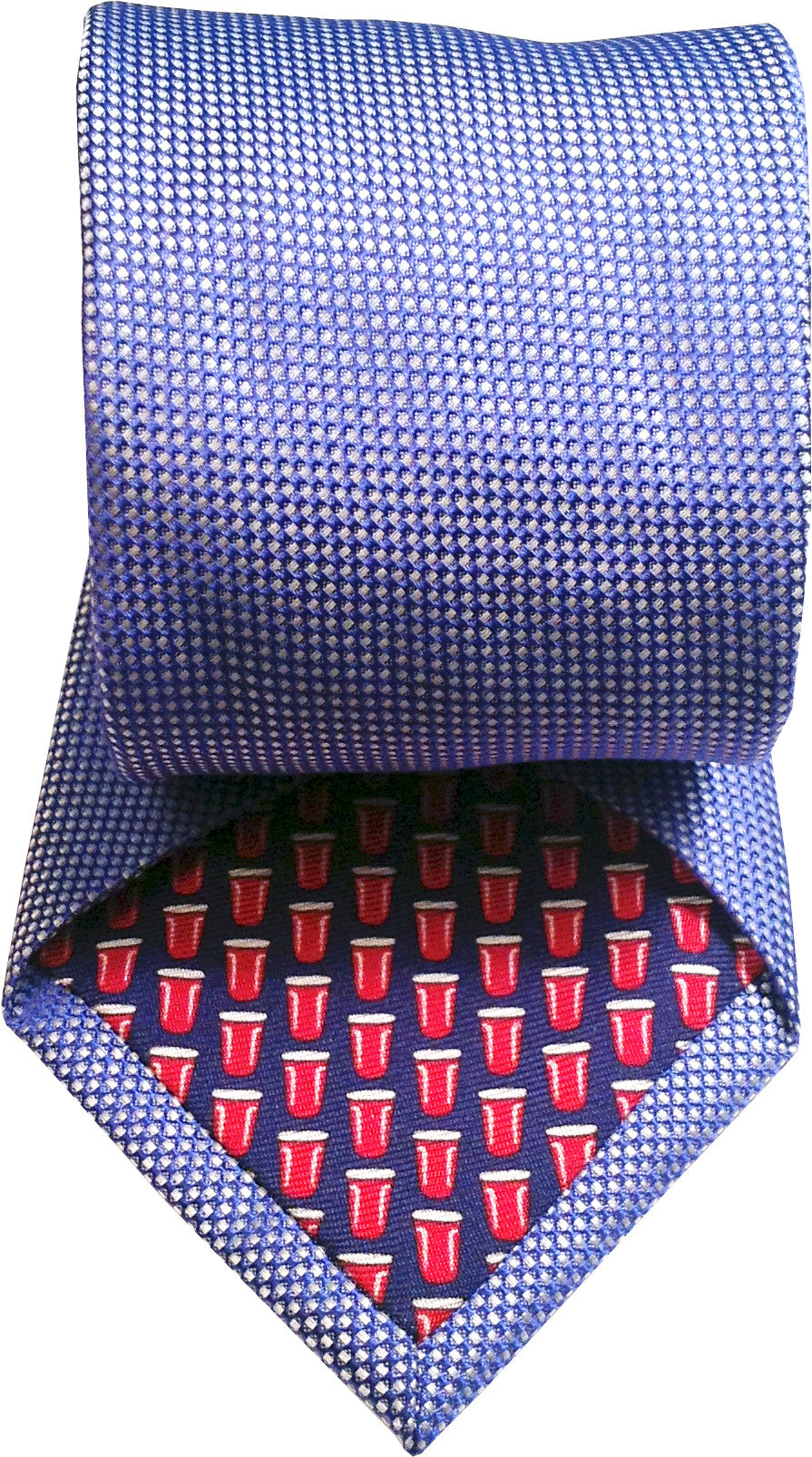 Blue necktie with small dots showing red cup pattern on reverse side