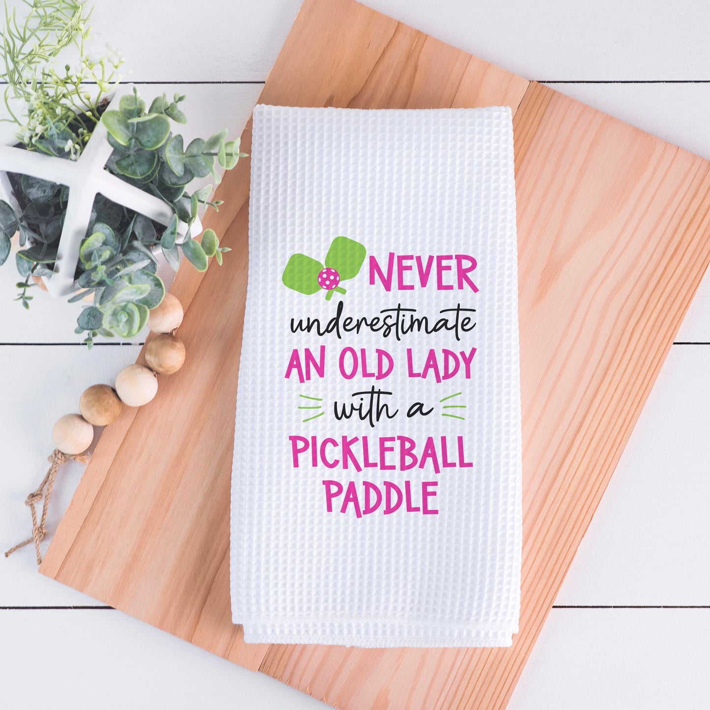 Canary Road Old Lady Pickleball Kitchen Towel - Pink available at The Good Life Boutique