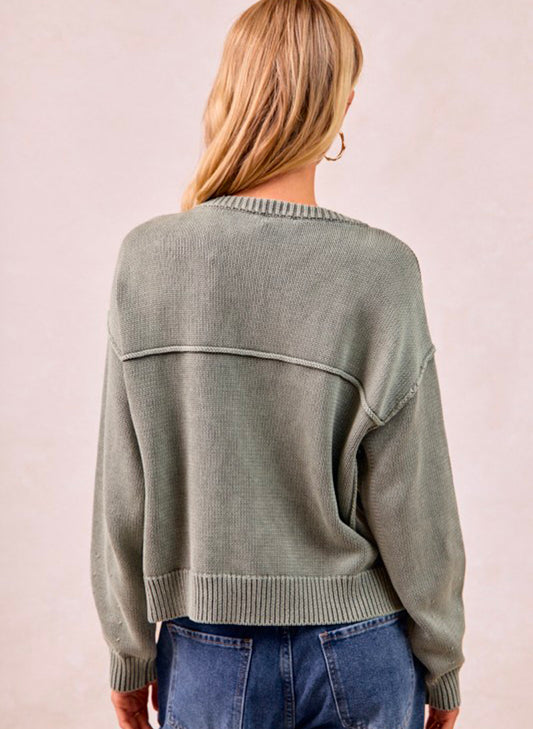 Washed Sweater V Neck Cardigan - Vintage Olive