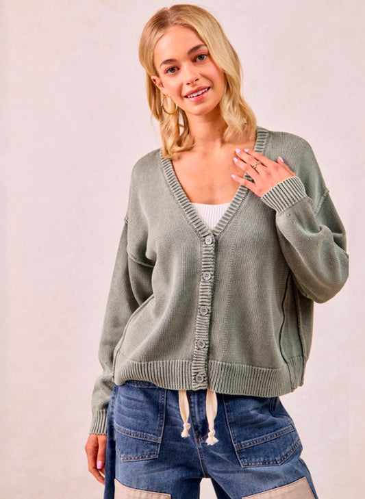 Washed Sweater V Neck Cardigan - Vintage Olive
