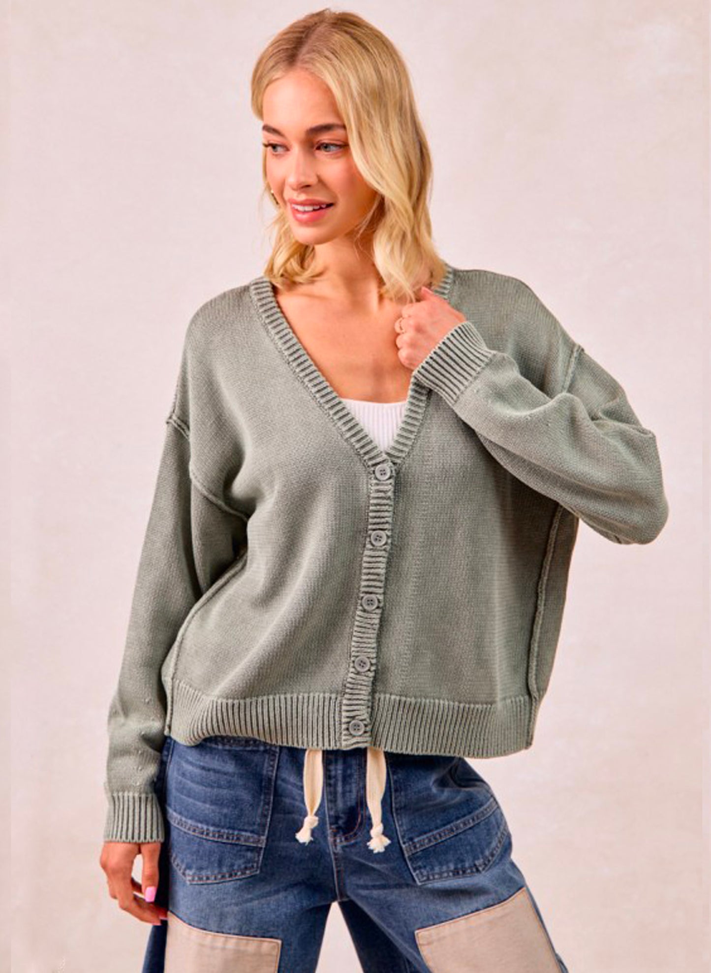 Washed Sweater V Neck Cardigan - Vintage Olive