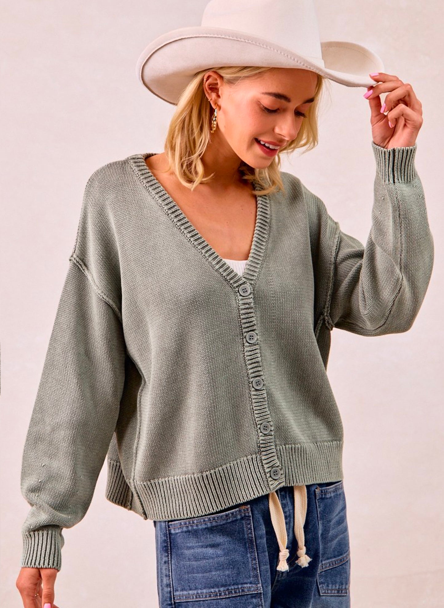 Washed Sweater V Neck Cardigan - Vintage Olive