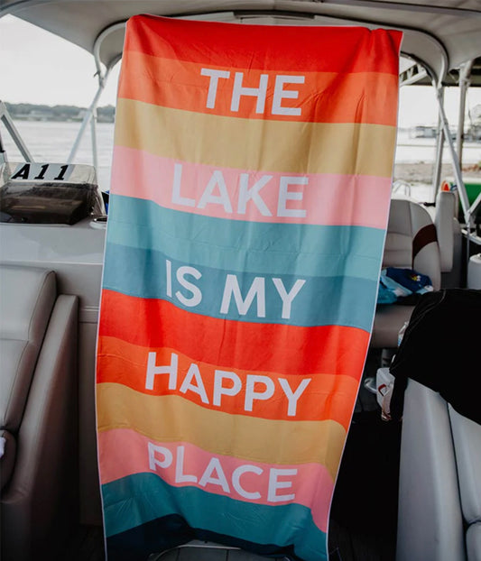 Katydid The Lake Is My Happy Place Quick Dry Beach Towel available at The Good Life Boutique