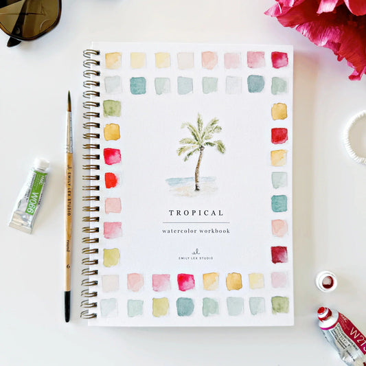 Tropical Watercolor Workbook by Emily Lex Studio with watercolor swatches and palm tree illustration