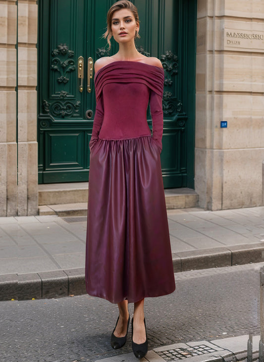Betty Off Shoulder Midi Dress - Dark Wine