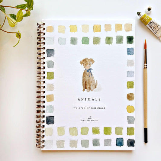 Animals watercolor workbook by Emily Lex Studio with painted dog illustration and color swatches
