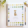 Animals watercolor workbook by Emily Lex Studio with painted dog illustration and color swatches