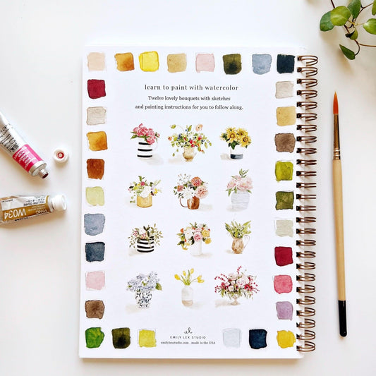 Bouquets Watercolor Workbook by Emily Lex Studio with color swatches and floral illustrations