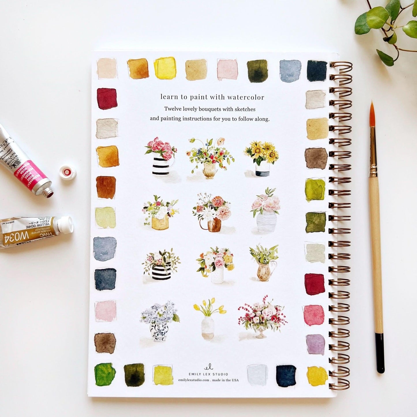Bouquets Watercolor Workbook by Emily Lex Studio with color swatches and floral illustrations