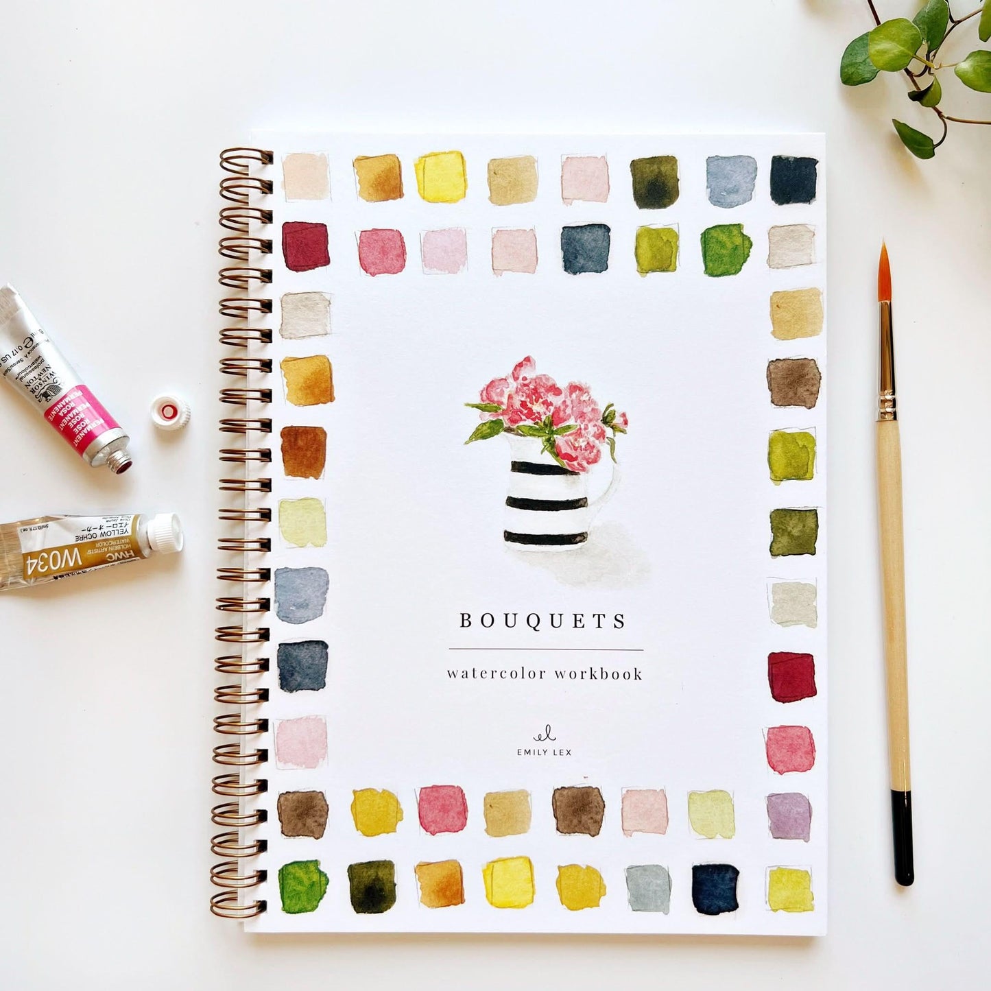Bouquets Watercolor Workbook by Emily Lex with color swatches and floral illustration