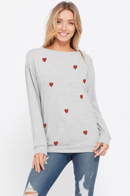 Phil Love Mini Heart All Over Sweatshirt Long Sleeve Top - Heather Grey available at The Good Life Boutique