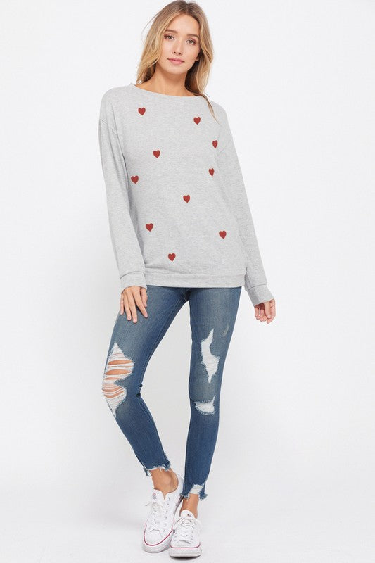Phil Love Mini Heart All Over Sweatshirt Long Sleeve Top - Heather Grey available at The Good Life Boutique