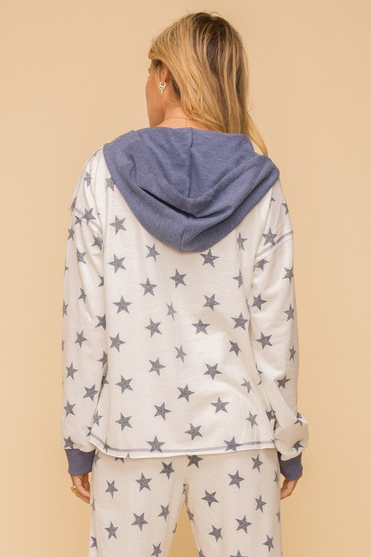 Hem & Thread Half Zip-Up Vintage Star Print Hoodie Pullover available at The Good Life Boutique