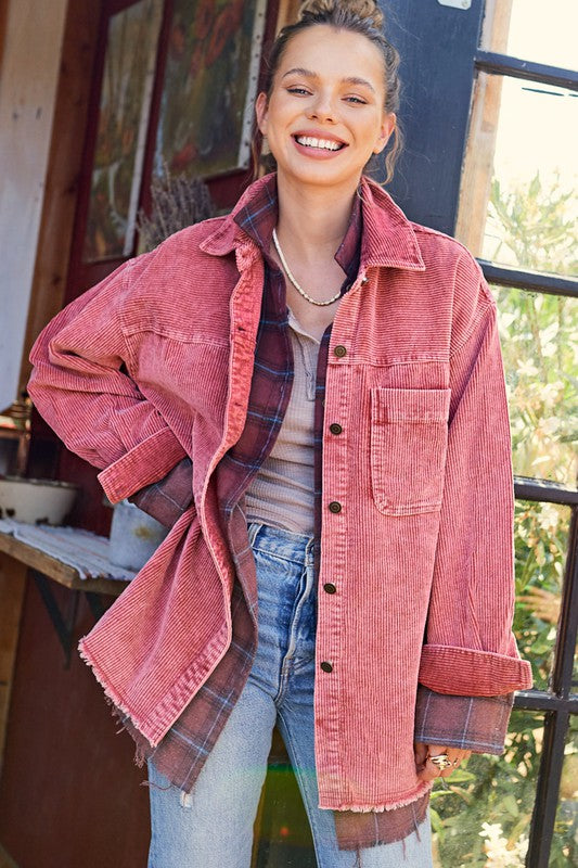 La Miel Chelsie Washed Corduroy Jacket - Terracotta available at The Good Life Boutique