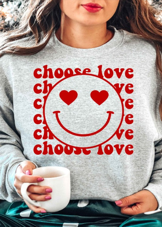 Rosemead Choose Love Smiley Graphic Sweatshirt - Grey available at The Good Life Boutique